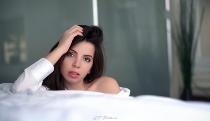 Sensual beauty portrait of Karina with white shirt