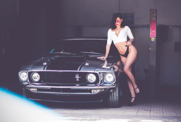 Pure beauty Katerina posing with mustang car and white top