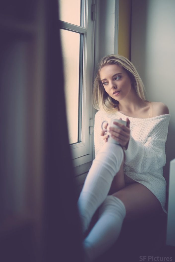 Seductive babe Alena beautiful blonde with sweater and socks by fred photographe boudoir Paris