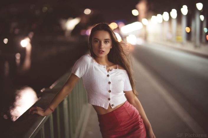 beautiful gloriasol posing on the birhakeim brige in Paris by night